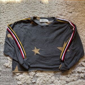 Vintage Havana Charcoal Star Sweater with Red White Yellow Stripe Sleeves